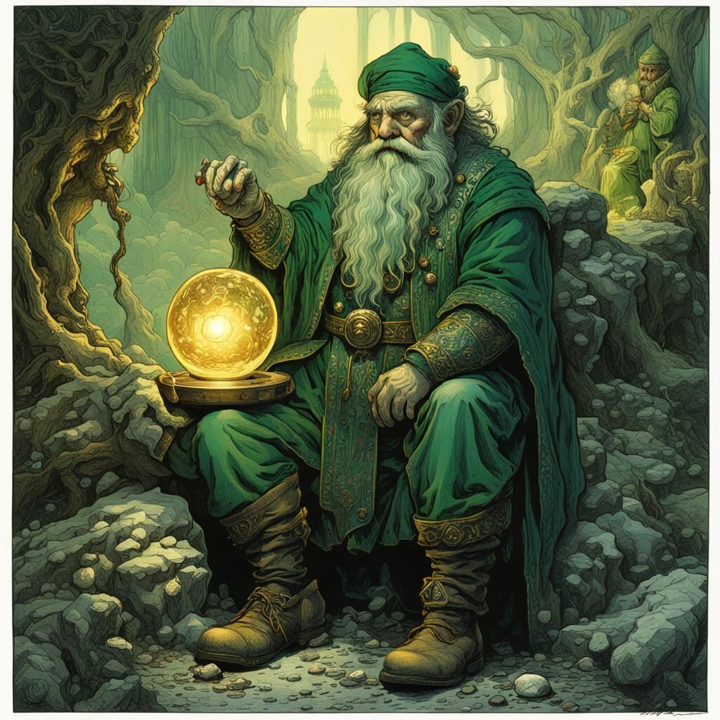 Evil Dwarf Sorcerer with Emerald in Fantasy Art Style