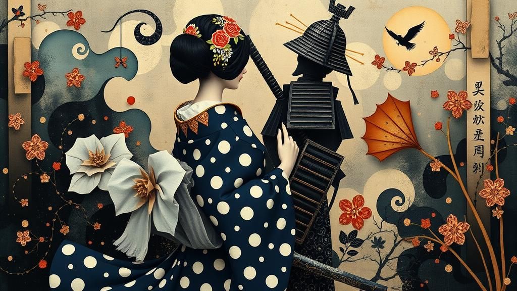 Noblewoman and Samurai Embrace in Surreal Japanese Art