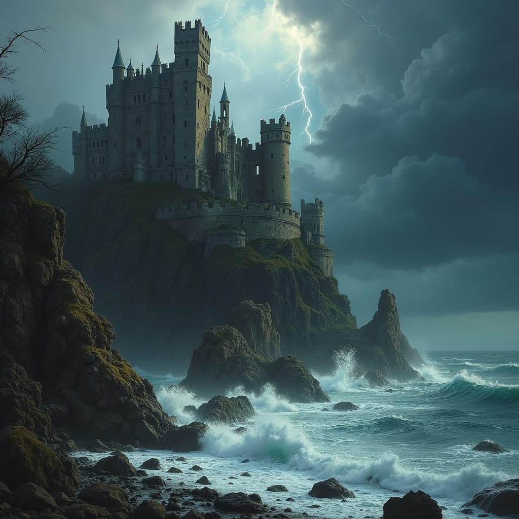 Crashing Waves Crash Against Abandoned Castle Ruins on Rocky...