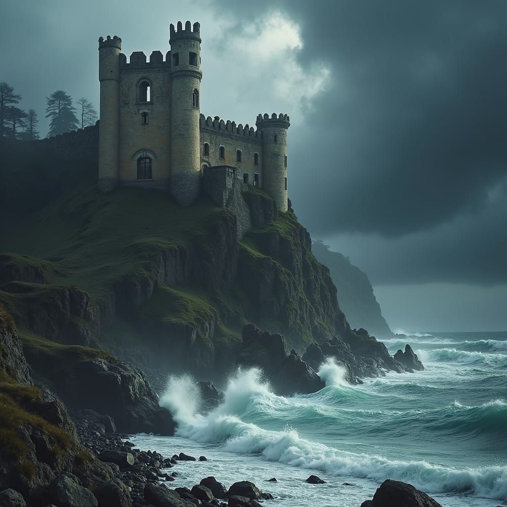 Foreboding Castle Ruins on a Stormy Cliffside Shore