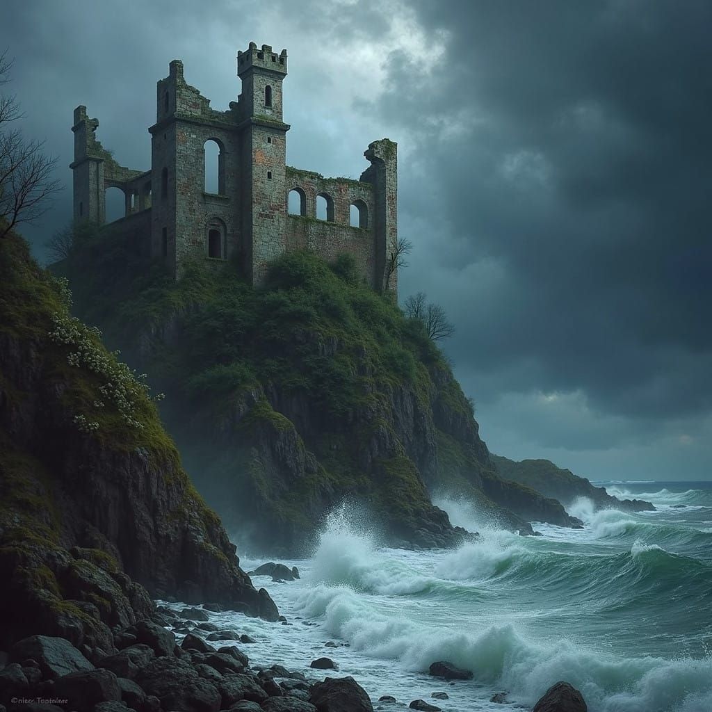 Coastal Castle Ruins in Tempestuous Splendor