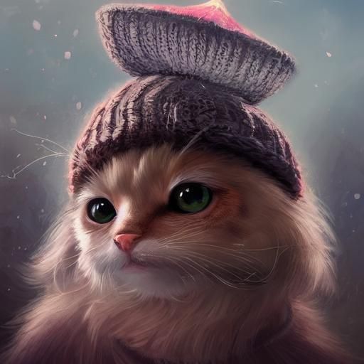 Cat in Beanie with Hot Chocolate: Cute Fantasy Art