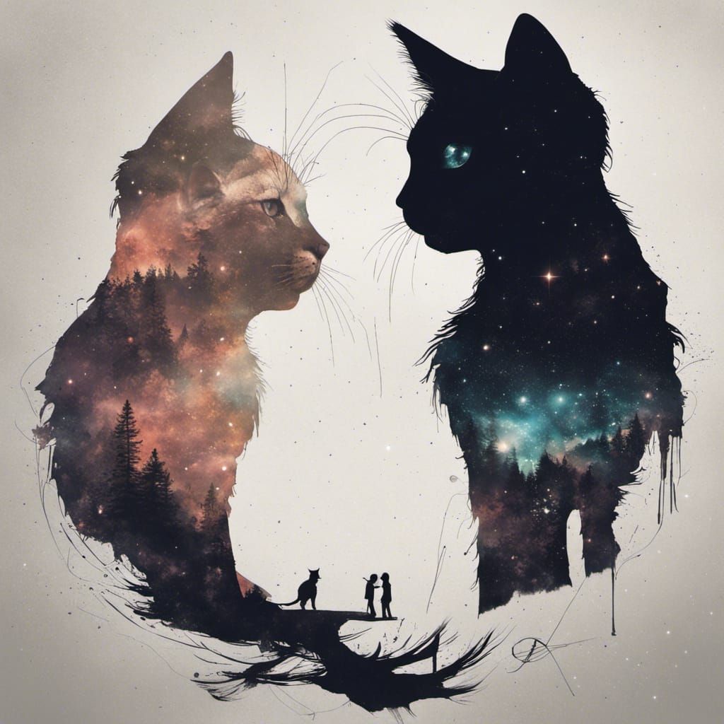 Silhouette Kitten with Galaxy and Mountain Double Exposure