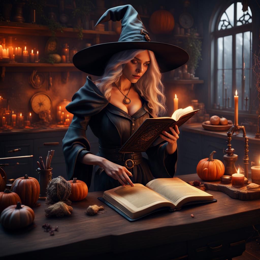 Witch Reads Spellbook in Modern Kitchen