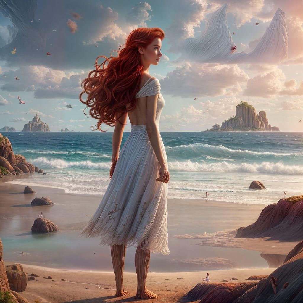 Ariel-esque Girl on Beach in 2D Disney Style
