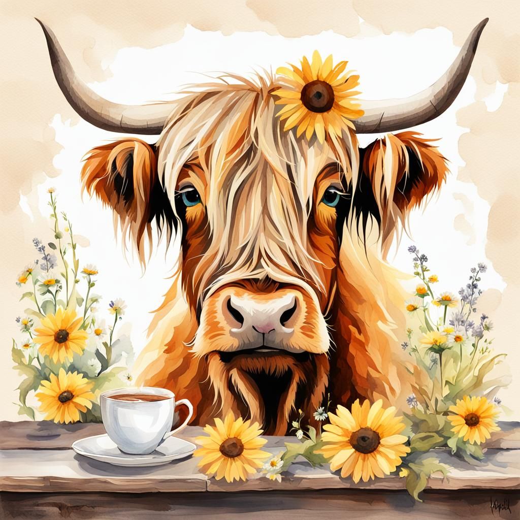 Sleepy Highland Cow with Flower Crown, Watercolor