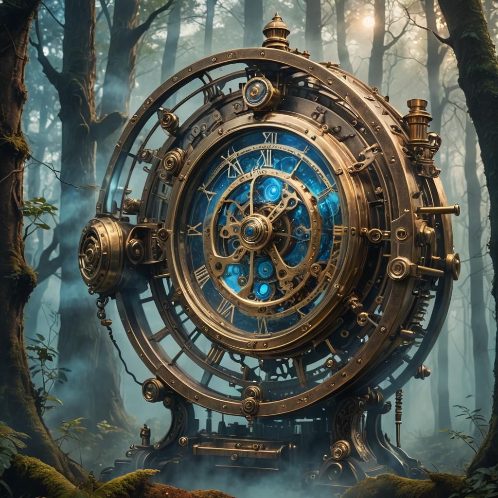 Steampunk Time Machine in Misty Forest