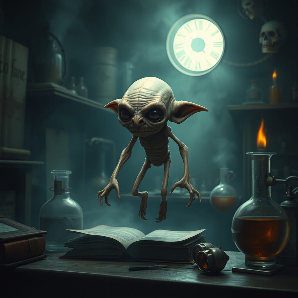 Dark Alchemical Homunculus in a Mystical Laboratory
