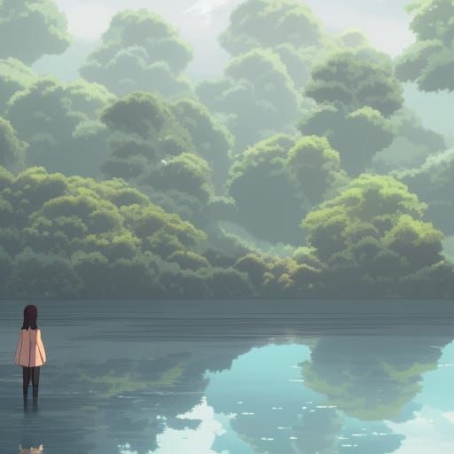 Misty Lake Anime Scene in Studio Ghibli Style