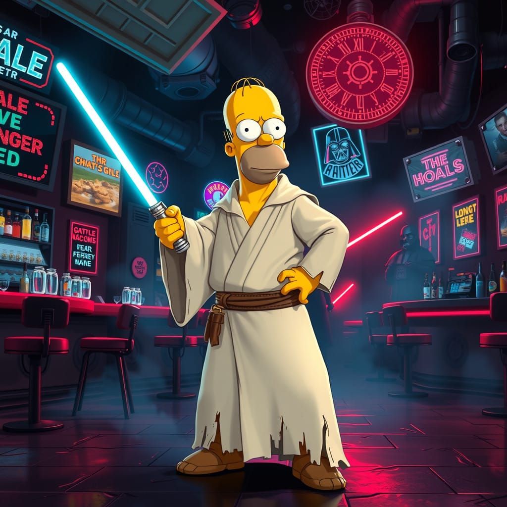 Homer Simpson in Epic Jedi Showdown in Space Bar