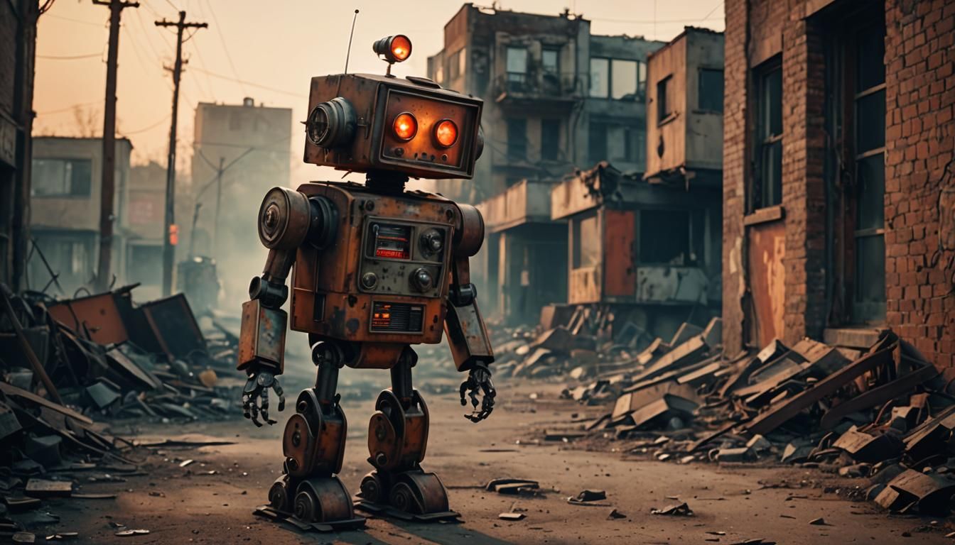 Vintage Robot in Post-Apocalyptic Sunset