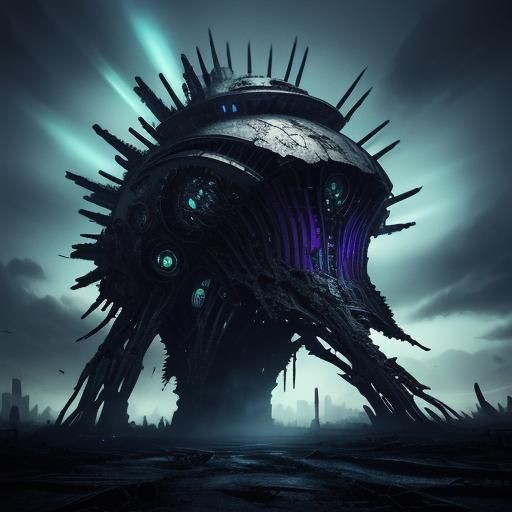 Alien Queen in Ruined City, Surreal Biomechanical Style