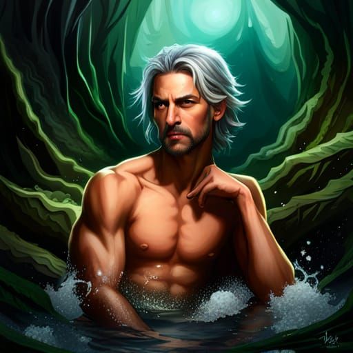 Elf Knight with silver hair bathing in hot springs