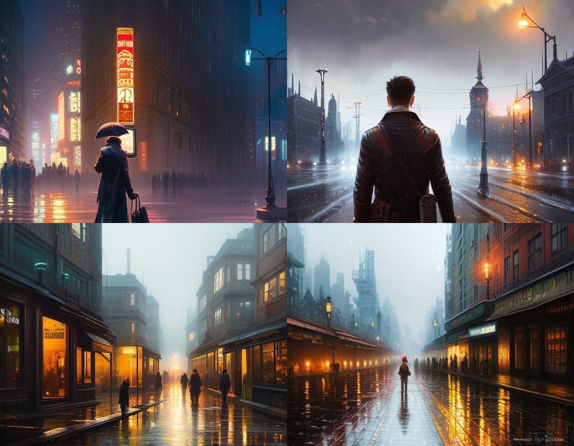Lost Boy in Rainy City as Oil Painting