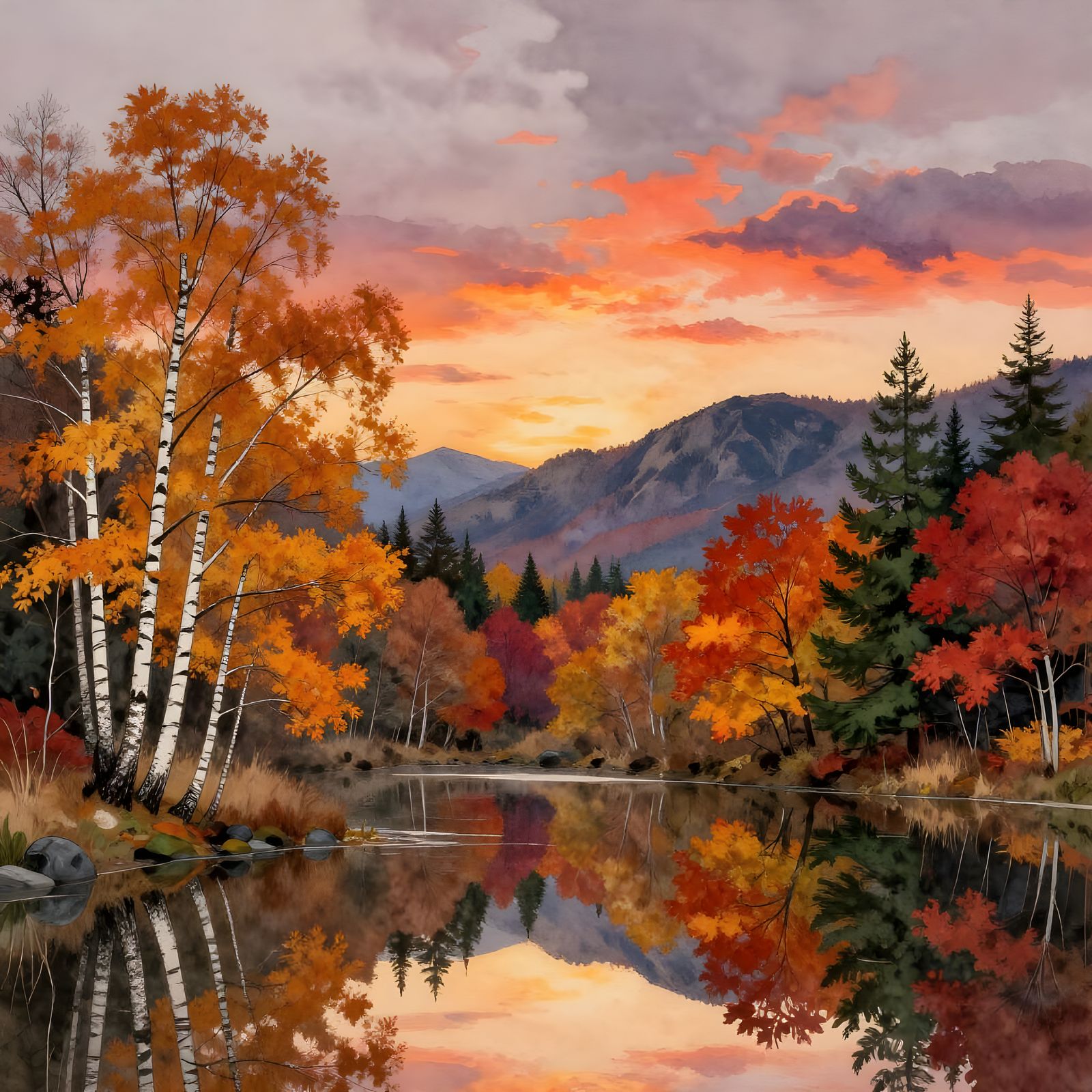 Vibrant Autumn Mountainscape at Dusk as Watercolor Ink Drawi...