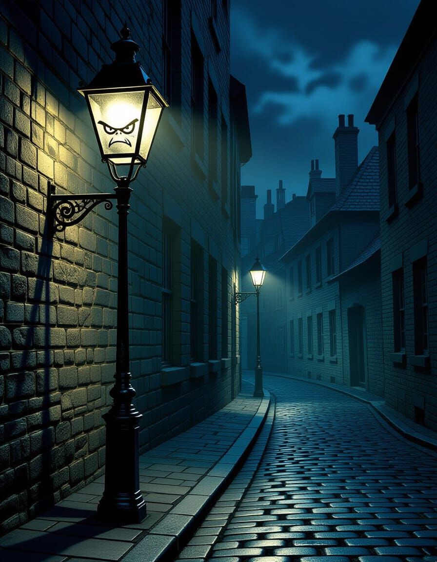 Grumpy Streetlamp with Scowling Face in Dark Fantasy