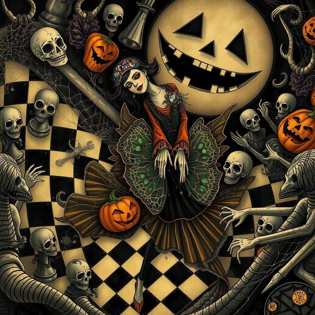 Mystical Sugar Skull Dancer on Halloween Chessboard