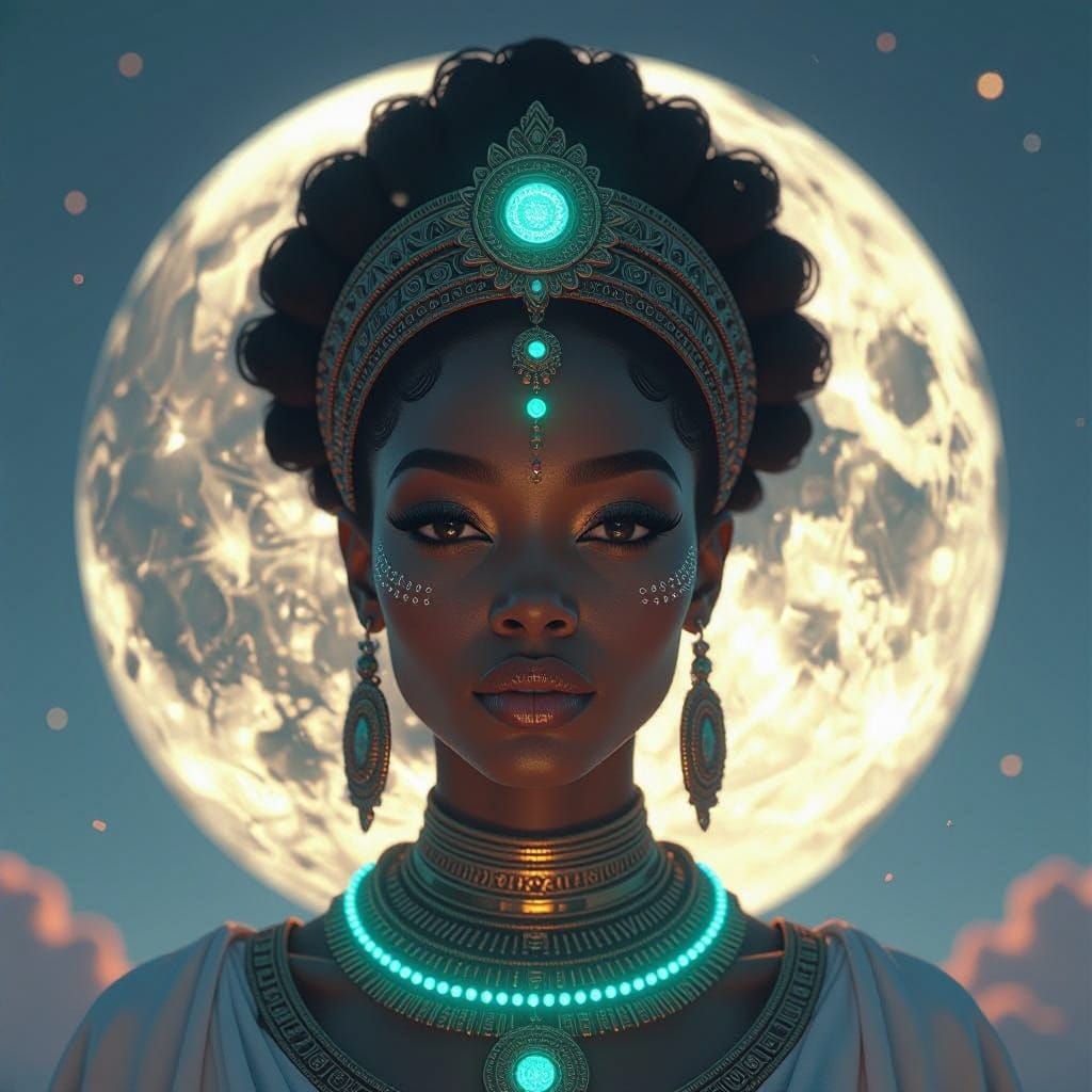 African Goddess Illuminated on the Lunar Surface in Hyperrea...