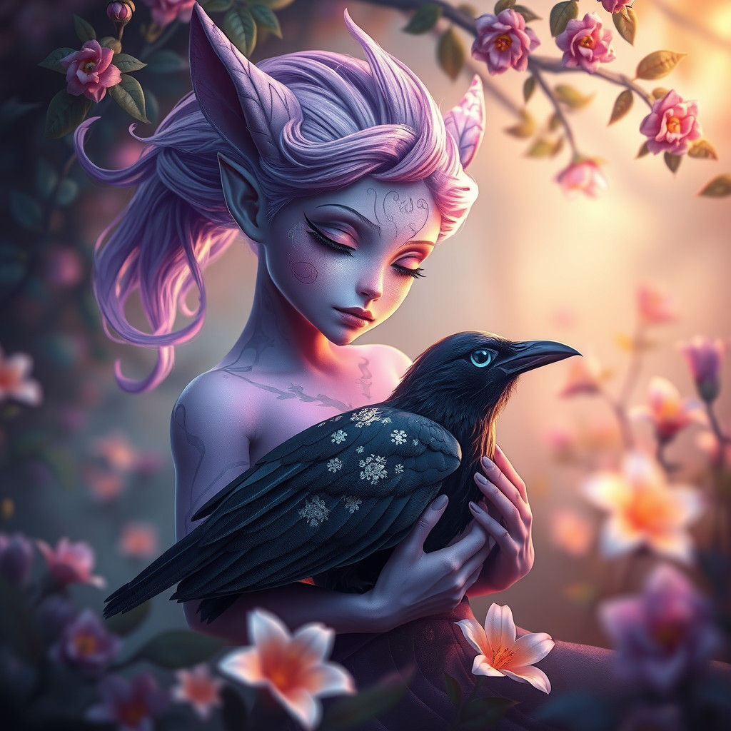 Lavender Character Heals Crow in Enchanted Forest