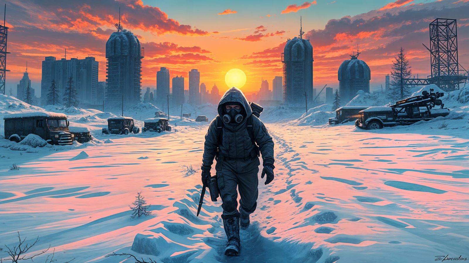 Winter Wasteland Apocalypse in Maximalist Anime Style