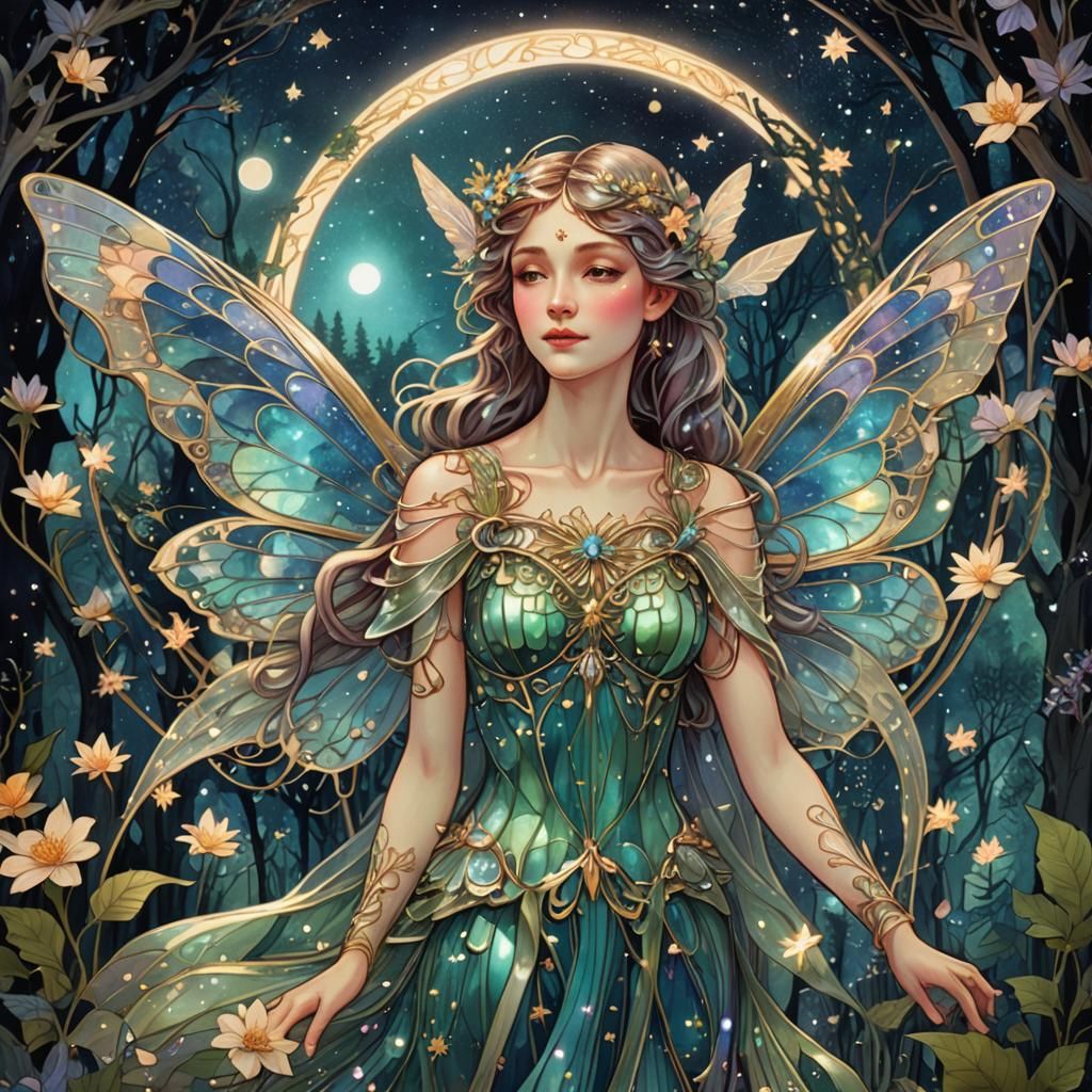 Art Nouveau Fairy with Iridescent Wings