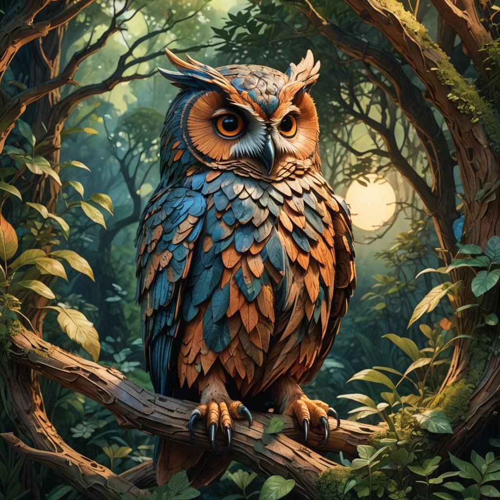 owl carved in wood dawn light; watercolors; 16k resolution c...