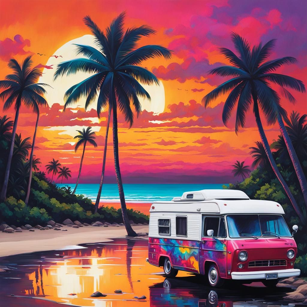 Motorhome on Dreamy Sunset Beach in Graffiti Art Style