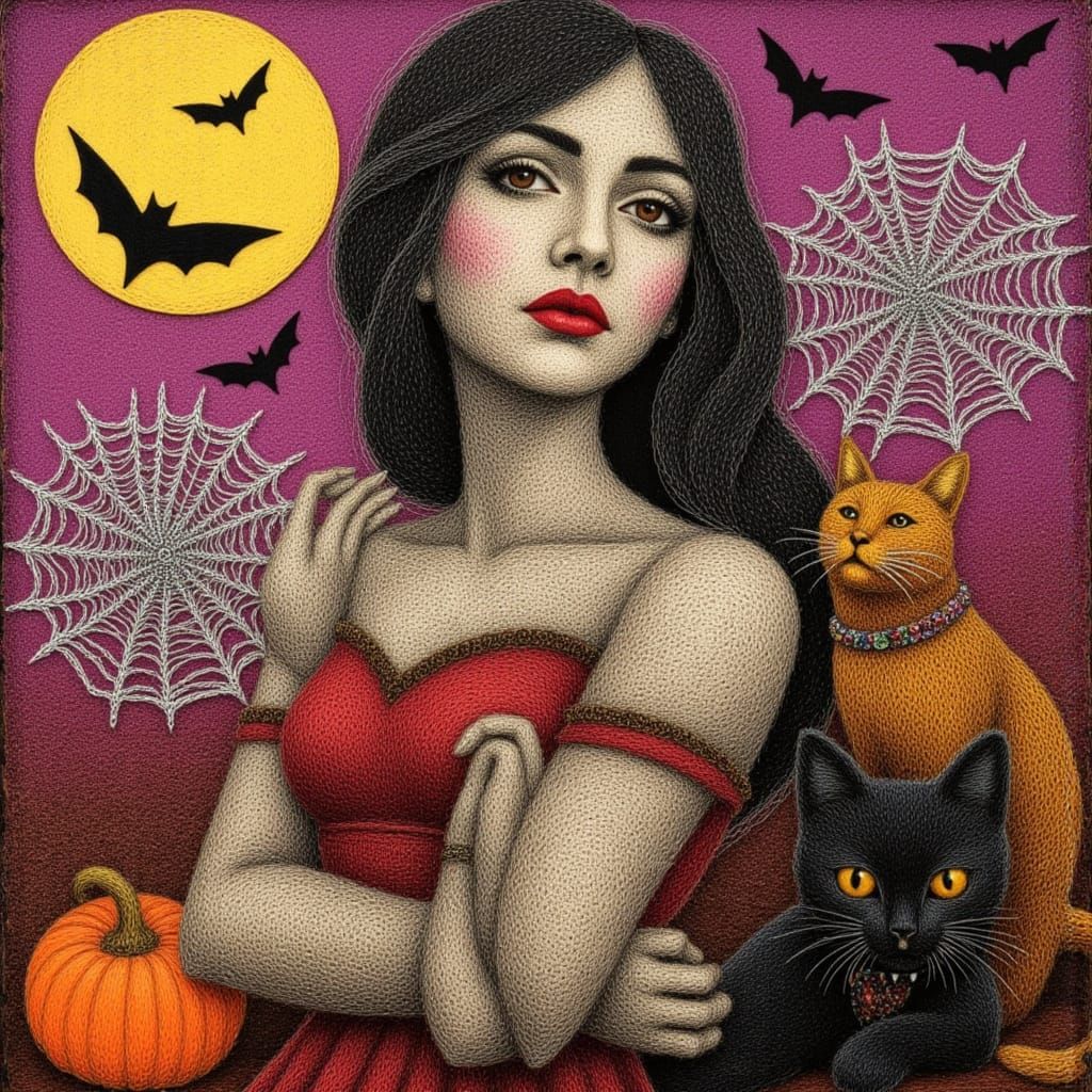 Spooky Halloween Collage with Bat, Moon, and Cat