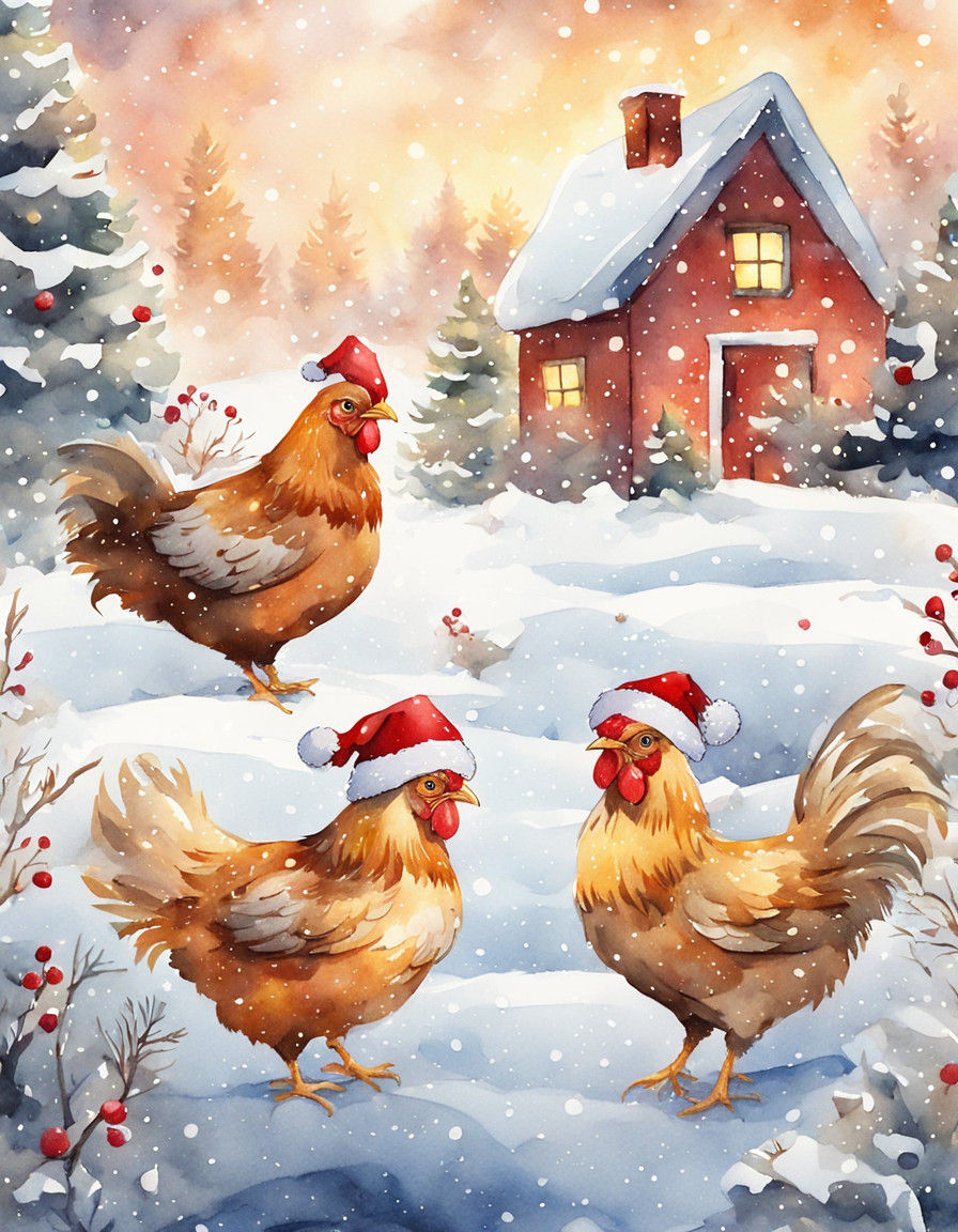 Whimsical Watercolor Chickens Celebrate Christmas