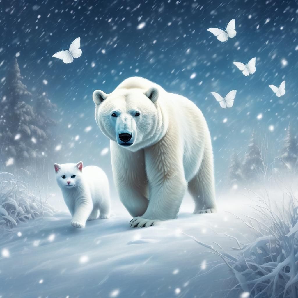 White Cat and Polar Bear Chase Butterflies in Snow
