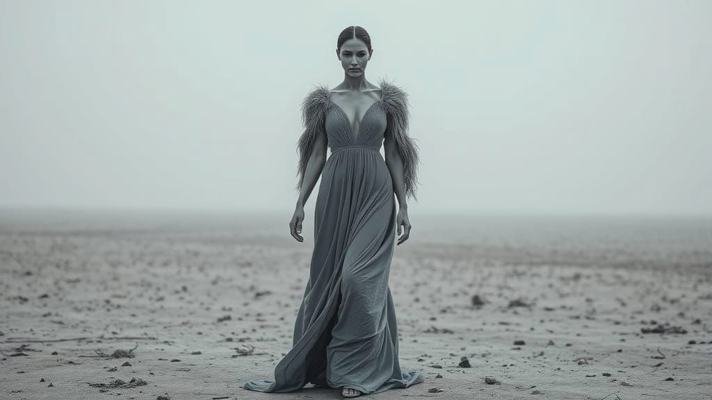Woman in Gray Gown Amidst Gray Tones
