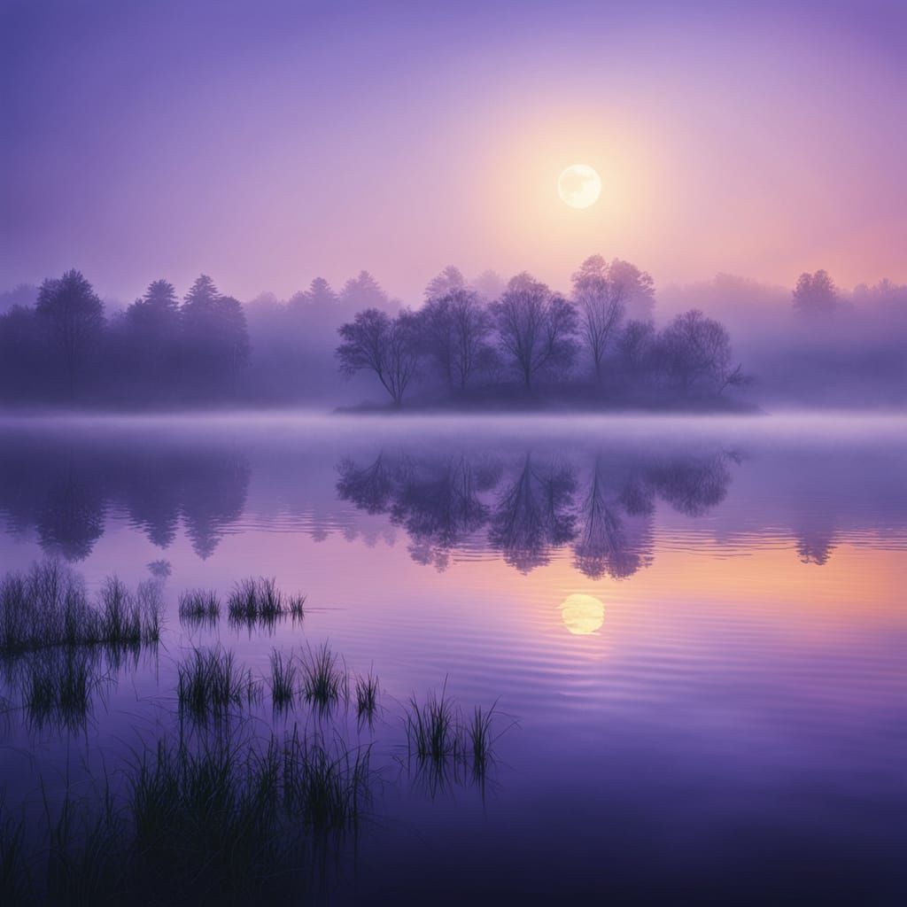 Ethereal Lake in Purple Haze: A Surreal Oil Painting