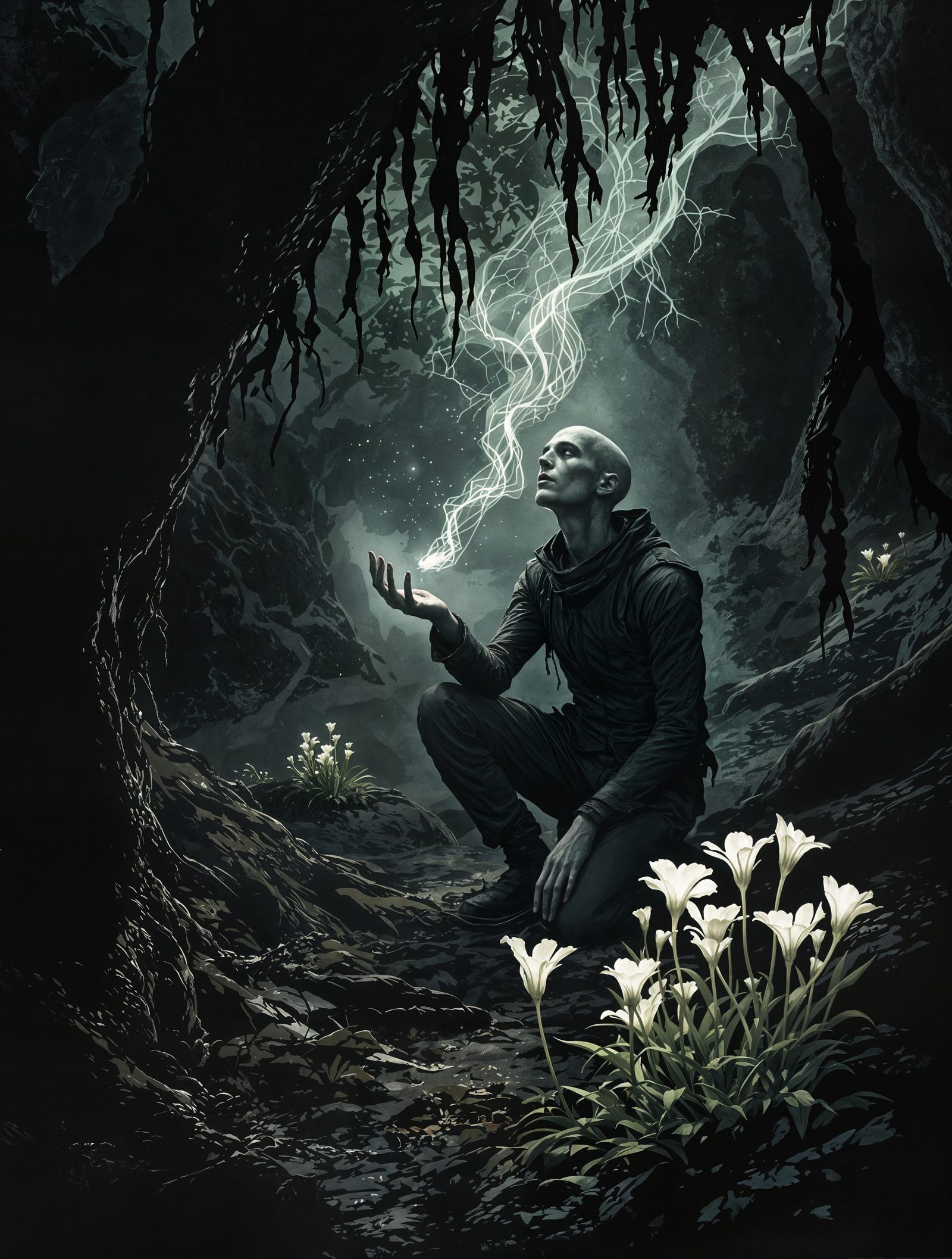 Ethereal Encounter with Ghost Pipe in Dark Forest