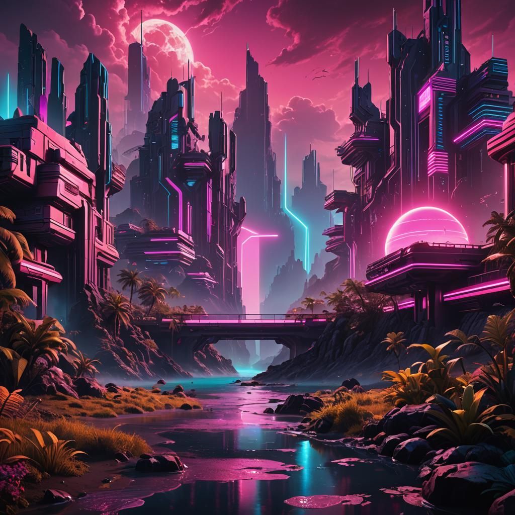 Fantastical Retrowave Matte Painting in Deep Color