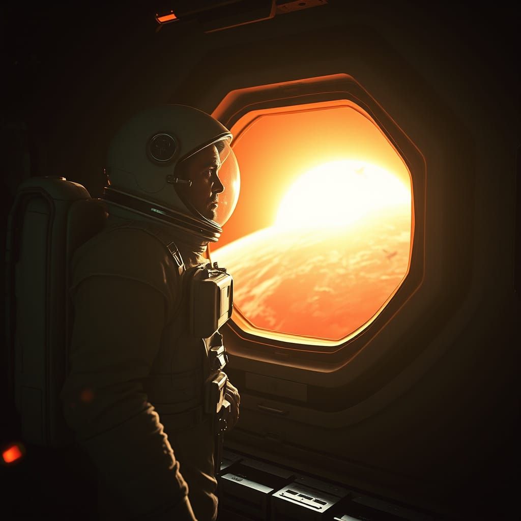 Space Station Astronaut Stares Out at Sunlit Battle Scars in...
