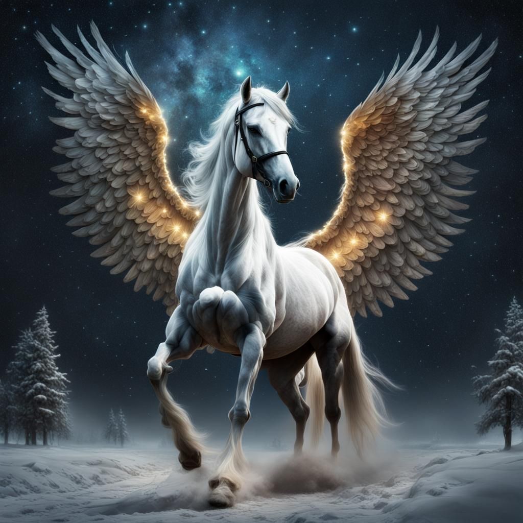 Winged Horse Soaring in Starry Night Sky