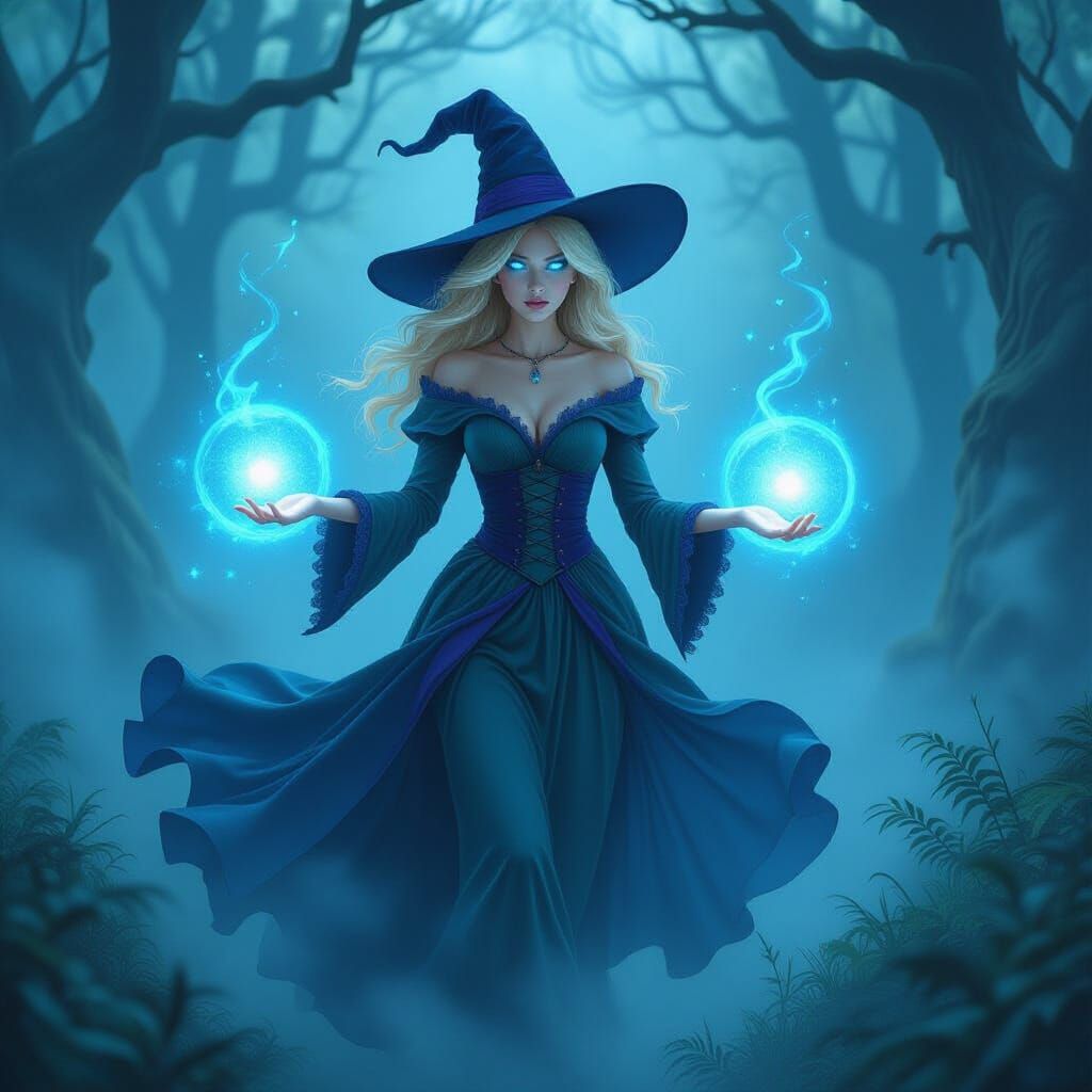 Ethereal Witch Hovering Over Misty Forest
