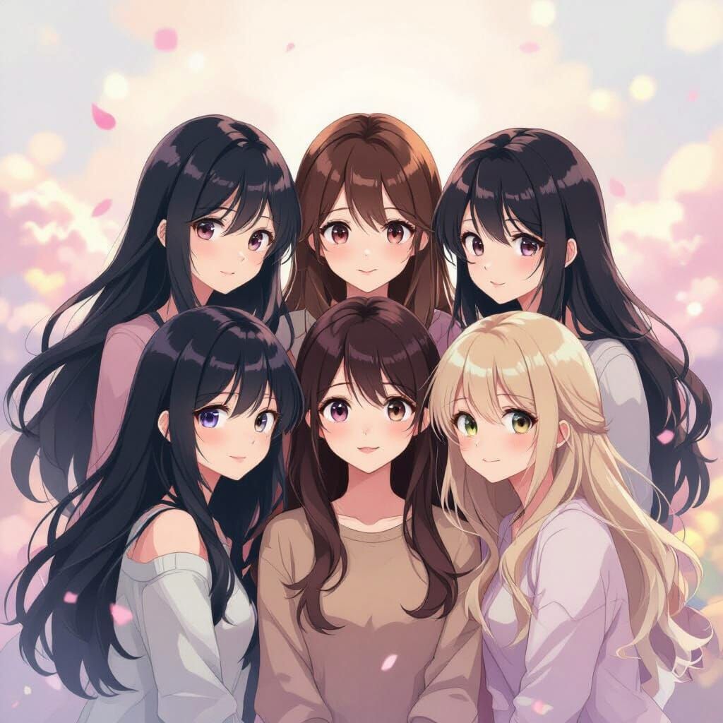 Six Anime Girls With Distinct Hairstyles in Dreamy Scene