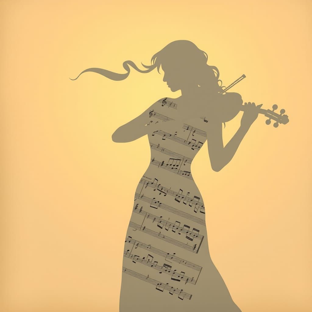 Silhouette of Woman Playing Violin with Sheet Music
