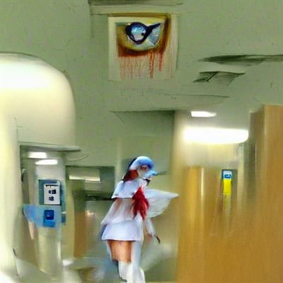 Anime Nurse with Angel Wings in Bloody Hallway