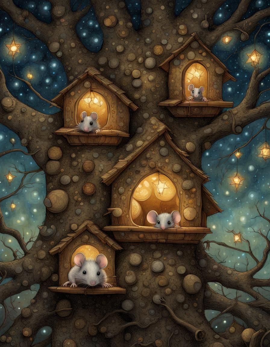 Magical Mouse Home Under Starry Night Sky
