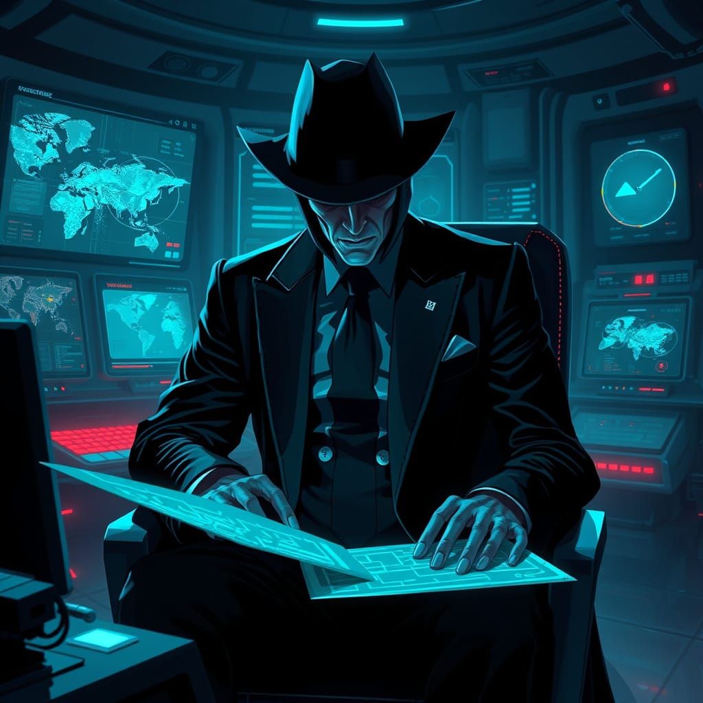 Shadowy Mastermind Plots in Futuristic Lair
