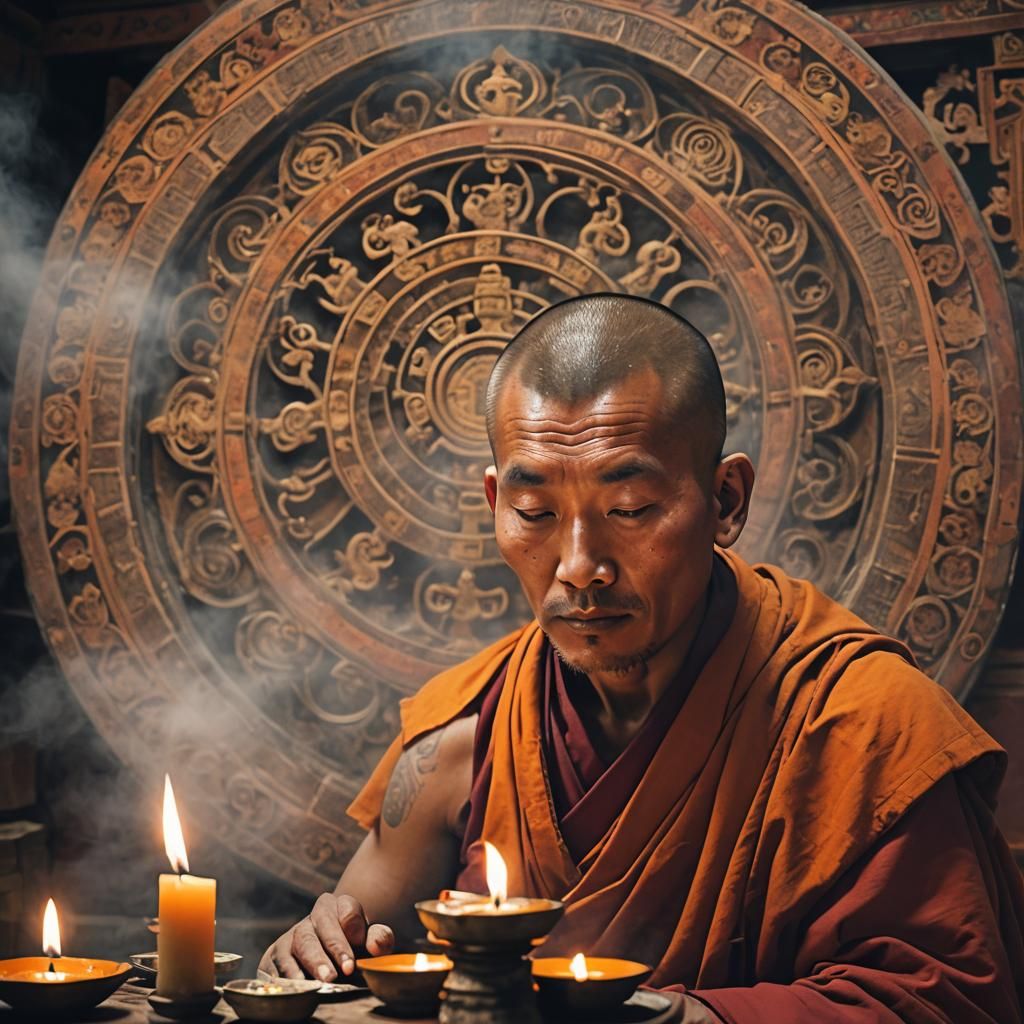 Tibetan Monk Creating Mandala Art in Amber Light