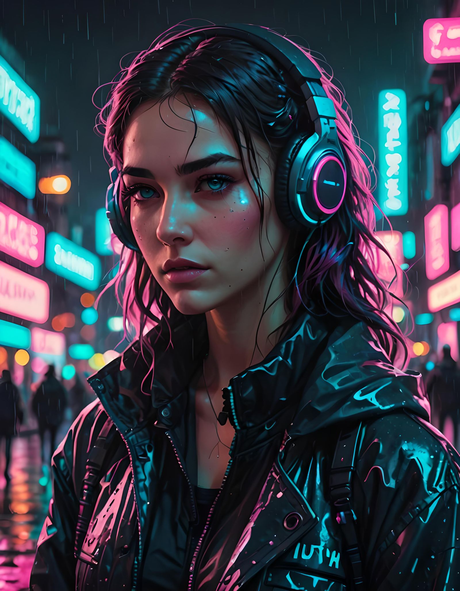 Woman in Neon Cityscape on Rainy Evening