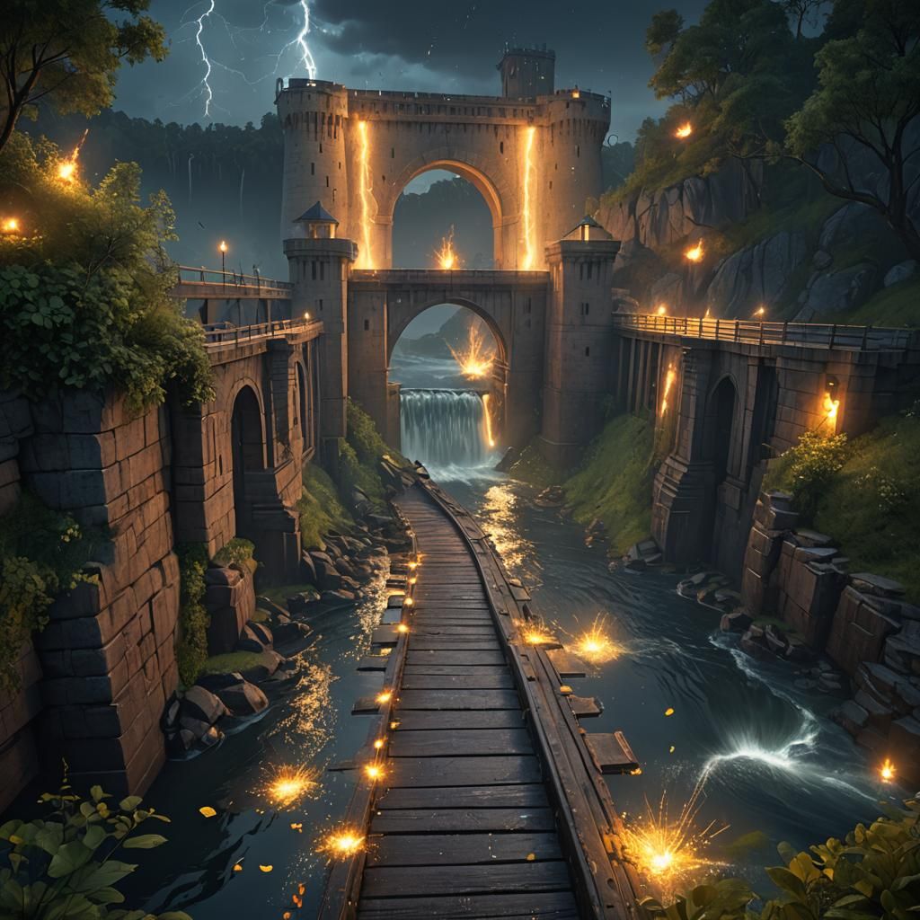 Fireflies Light Up Dam Pathways: Fantasy Concept Art