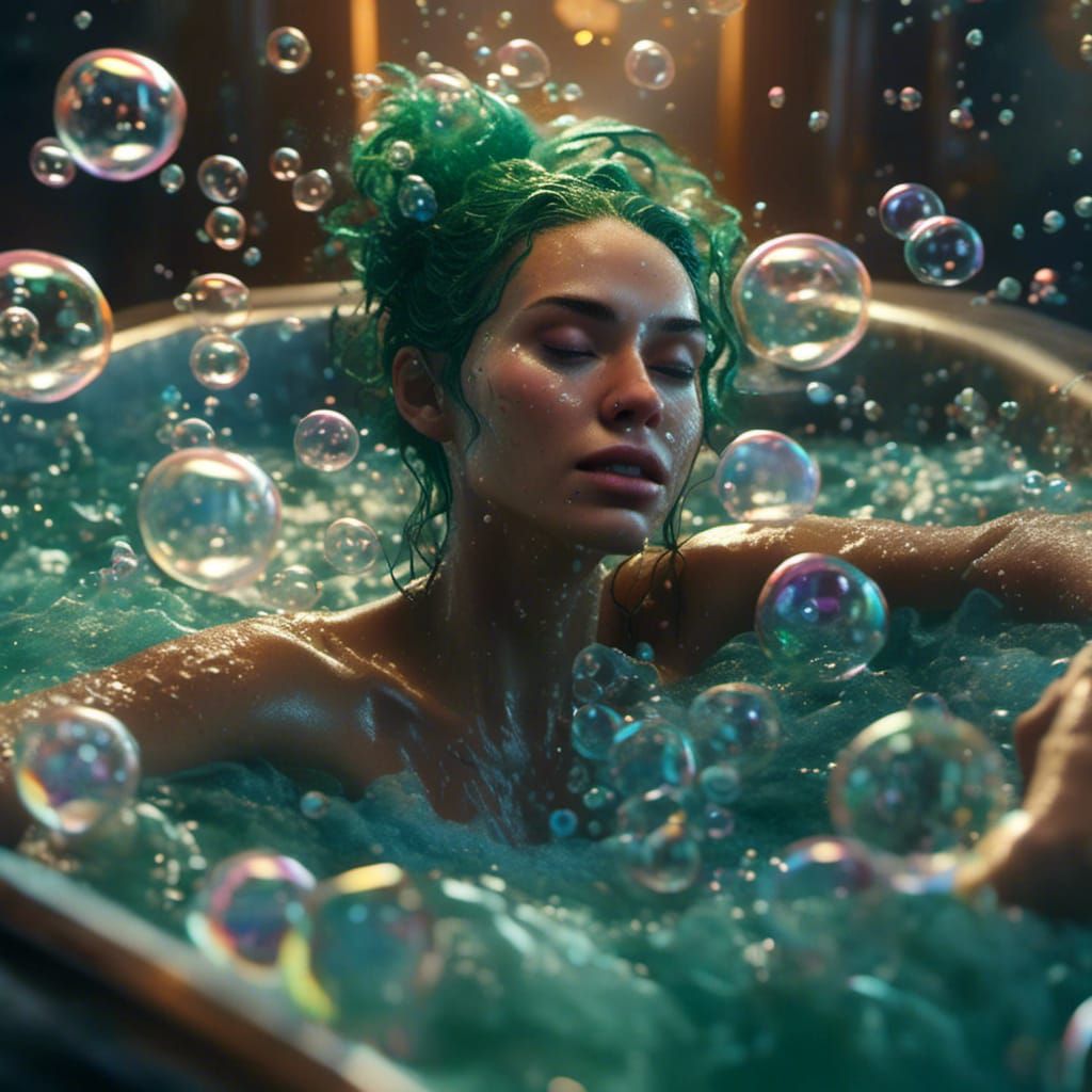 Green Woman's Glistening Bath: Hyperreal Art
