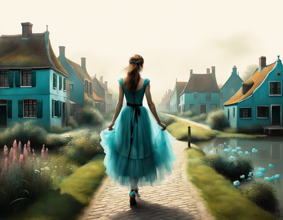 Ethereal Turquoise Dutch Town with Woman in Tulle Dress