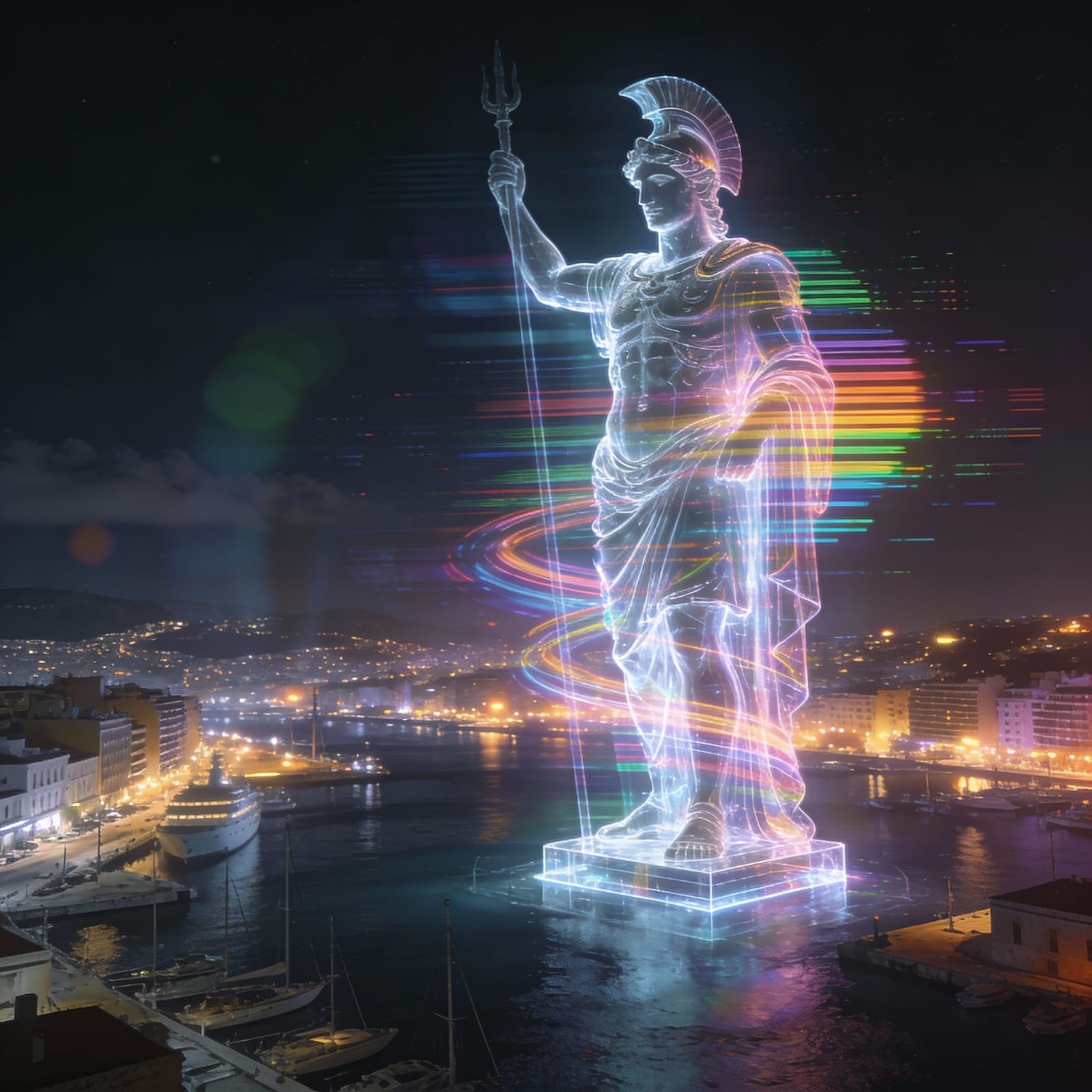 Psychedelic Hologram Colossus of Rhodes in Modern Harbor