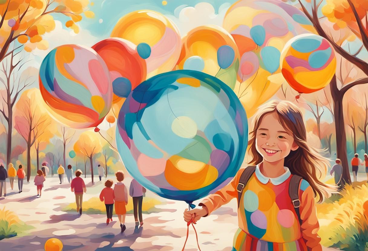 Girl with Balloon in Sunny Park, Vibrant Oil Painting
