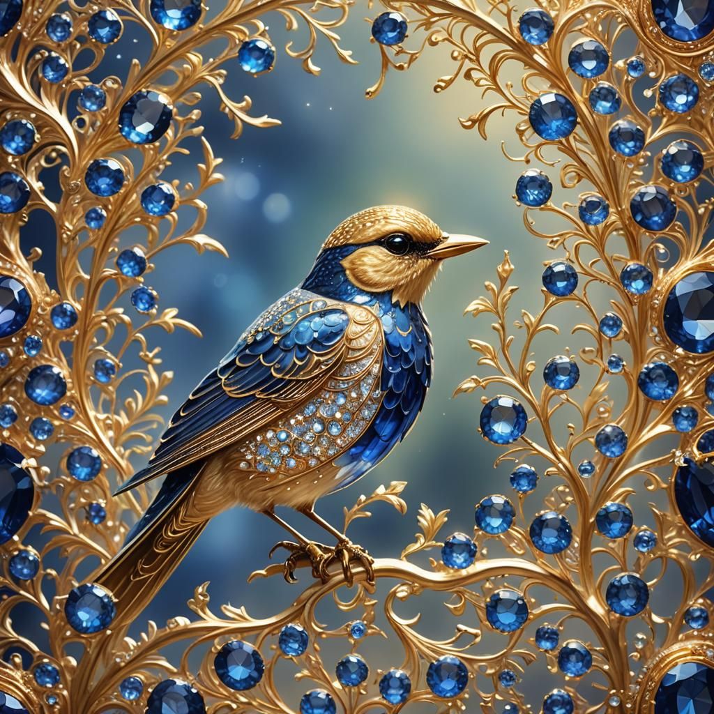 Sparkling Sapphire Bird Portrait with Golden Filigree